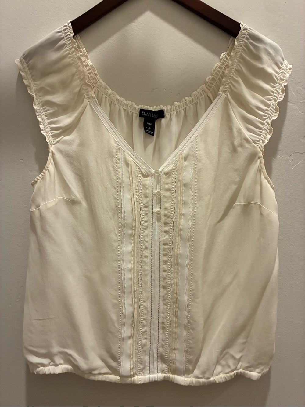 White House Black Market Cream Lace-Trim Sleeveless Silk Peasant Top